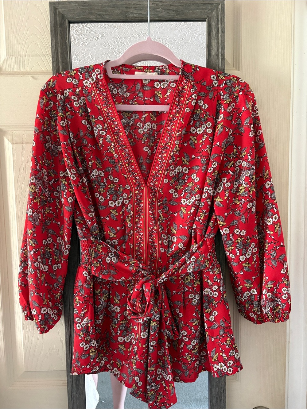 Max Studio 3/4 sleeve Red Floral V-Neck Tie-Waist blouse.